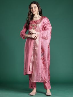 Indo Era - Pink Embroidered Straight Kurta With Pant And Dupatta