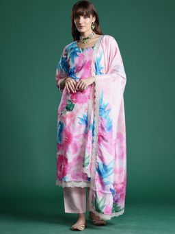 Indo Era - Pink Printed Embroidered Kurta With Pant And Dupatta
