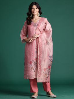 Indo Era - Pink Floral Printed Straight Kurta With Pant And Dupatta
