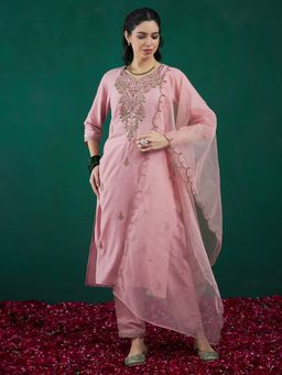 Indo Era - Pink Embroidered Straight Kurta With Pant And Dupatta