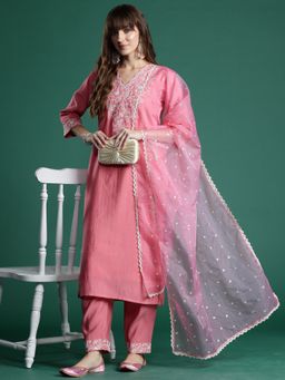 Indo Era - Pink Embroidered Straight Kurta With Pant And Dupatta