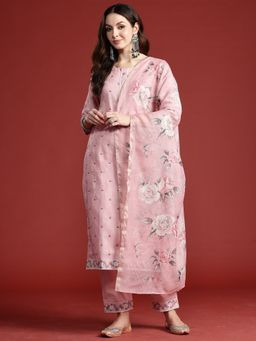 Indo Era - Pink Floral Straight Kurta With Pant And Dupatta