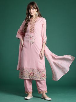 Indo Era - Pink Embroidered Straight Kurta With Pant And Dupatta