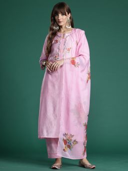 Indo Era - Pink Floral Straight Kurta With Pant And Dupatta
