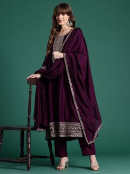 Indo Era - Wine Embroidered Anarkali Kurta with Pant and Dupatta