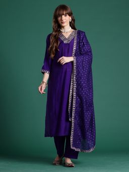 Indo Era - Purple Embroidered Straight Kurta With Pant And Dupatta