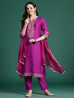 Indo Era - Purple Solid Straight Kurta With Pant And Dupatta