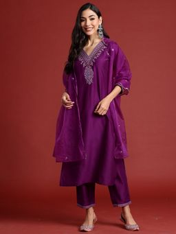 Indo Era - Purple Embroidered Straight Kurta With Pant And Dupatta