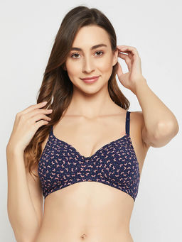 Clovia - Cotton Spandex Printed Padded Full Cup Wire Free T-shirt Bra - Dark Blue
