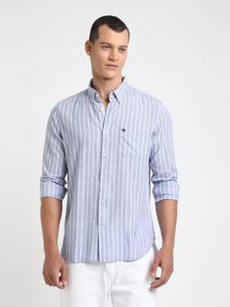 The Bear House - Men Blue Striped Slim Fit Cotton Casual Shirt