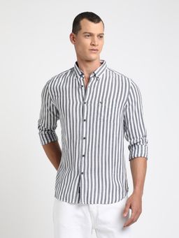 The Bear House - Men Grey Striped Slim Fit Cotton Casual Shirt
