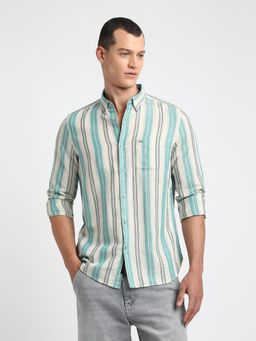 The Bear House - Men Teal Striped Slim Fit Cotton Linen Casual Shirt