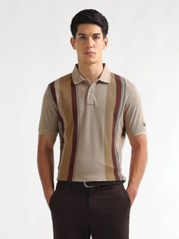 Arrow Sports - Men Beige Striped Regular Fit Polo T-Shirt