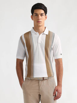 Arrow Sports - Men White Striped Regular Fit Polo T-Shirt