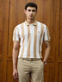U.S. POLO ASSN. - Men Beige Striped Polo T-Shirt