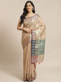 Indethnic - Banarasi Beige Woven Design Work Wear Saree With Unstitched Blouse