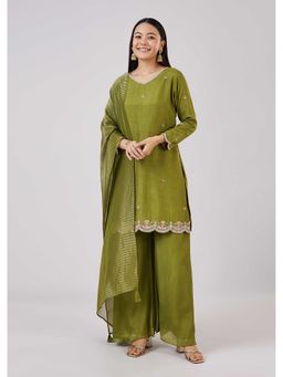 KALKI FASHION - Olive Silk Sequins Work Kurti Palazzo with Dupatta