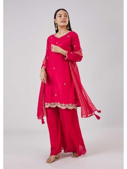 KALKI FASHION - Pink Silk Sequins Work Kurti Palazzo With Dupatta