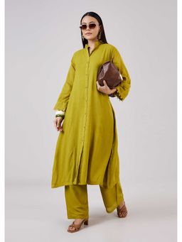 KALKI FASHION - Olive Solid Cotton Mandarin Neck Co-ord Sets