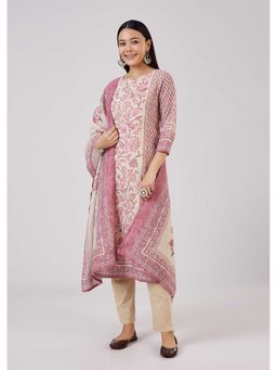 KALKI FASHION - Beige Linen Floral Printed Kurta Pant With Dupatta