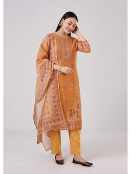 KALKI FASHION - Mustard Chanderi Sequins Work Kurta Pant With Dupatta