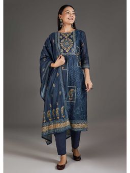 KALKI FASHION - Navy Blue Chanderi Embroidered Kurta Pant With Dupatta