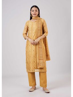 KALKI FASHION - Mustard Chanderi Embroiderd Kurta Pant With Dupatta