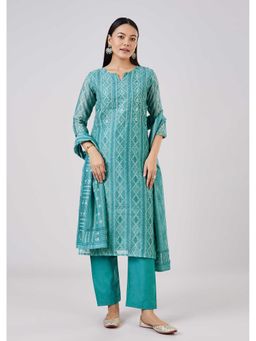KALKI FASHION - Teal Chanderi Embroidered Kurta Pant With Dupatta