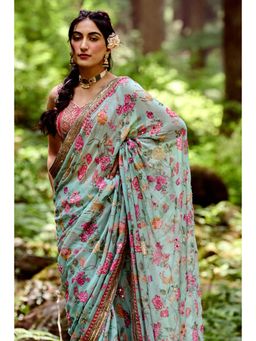 Paulmi & Harsh - Light Blue Jungle Print Saree with Stitched Blouse