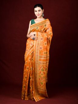 EXCLUSIVA - Yellow Cotton Printed Saree Thread Weaving with Unstitched Blouse