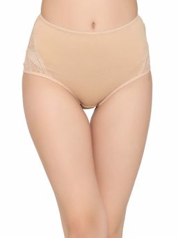 Clovia - Cotton High Waist Hipster Panty with Lace Panel Beige