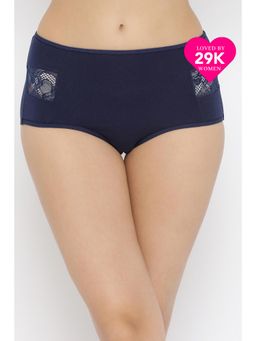 Clovia - Cotton High Waist Hipster Panty with Lace Inserts In Blue Navy