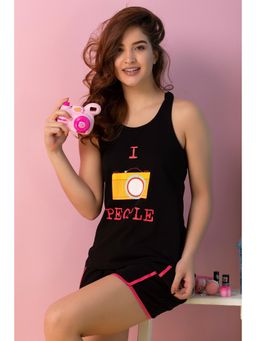 Clovia - Print Me Pretty Tank Top & Shorts In Black Cotton Rich (Set of 2)