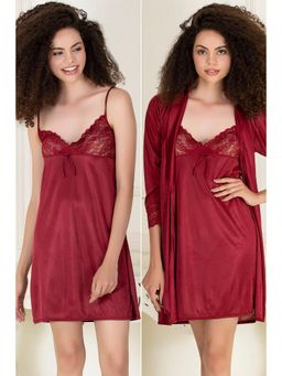 Clovia - Short Night Dress & Robe In Maroon Satin (Set of 2)