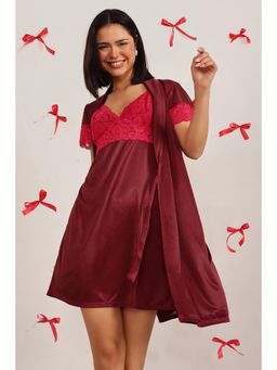 Clovia - Short Night Dress & Robe In Maroon Satin (Set of 2)