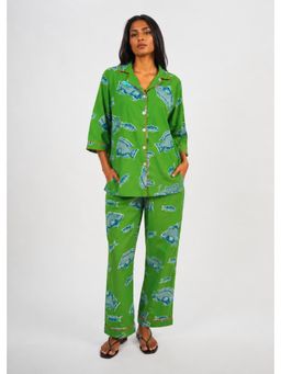 Azurina - Sharan Boxy Shirt With Pyjama - Green Fish Two Fish