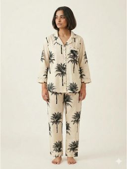 Azurina - Ela Shirt With Pyjama - White Palms