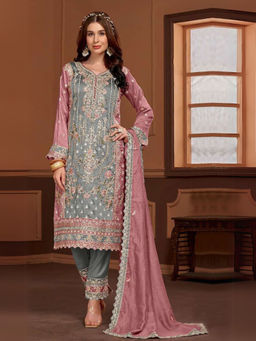 Odette - Blue Floral Semi Stitched Top with Semi Stitched Bottom and Dupatta (Set of 3)