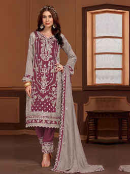 Odette - Wine Floral Semi Stitched Top with Semi Stitched Bottom and Dupatta (Set of 3)