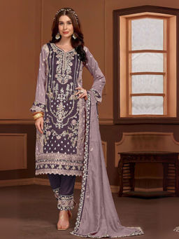 Odette - Purple Floral Semi Stitched Top with Semi Stitched Bottom and Dupatta (Set of 3)