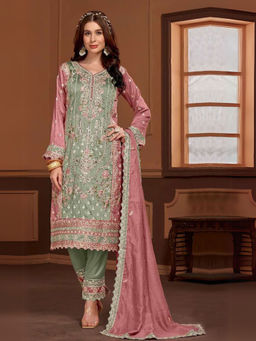 Odette - Green Floral Semi Stitched Top with Semi Stitched Bottom and Dupatta (Set of 3)