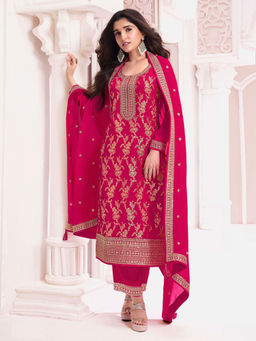 Odette - Pink Woven Semi Stitched Top with Semi Stitched Bottom and Dupatta (Set of 3)