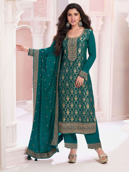 Odette - Teal Woven Semi Stitched Top with Semi Stitched Bottom and Dupatta (Set of 3)