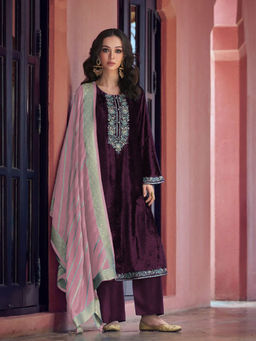 Odette - Maroon Floral Semi Stitched Top with Semi Stitched Bottom and Dupatta (Set of 3)