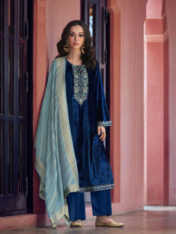 Odette - Navy Blue Floral Semi Stitched Top with Semi Stitched Bottom and Dupatta (Set of 3)