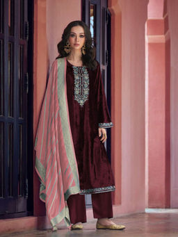 Odette - Maroon Floral Semi Stitched Top with Semi Stitched Bottom and Dupatta (Set of 3)