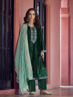 Odette - Green Floral Semi Stitched Top with Semi Stitched Bottom and Dupatta (Set of 3)