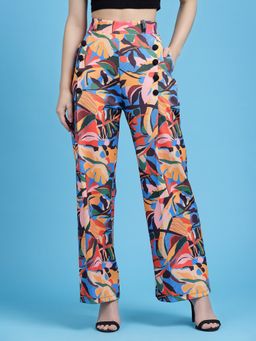 KASSUALLY - Blue & Orange Printed Straight Fit Parallel Trousers