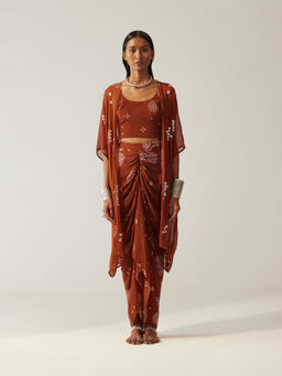 AMKA INDIA - Brown Desert Draped Skirt with Crop Top & Cape (Set of 3)