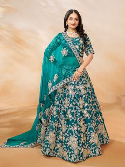 Odette - Teal Embroidered Semi Stitched Lehenga with Unstitched Blouse and Dupatta (Set of 3)